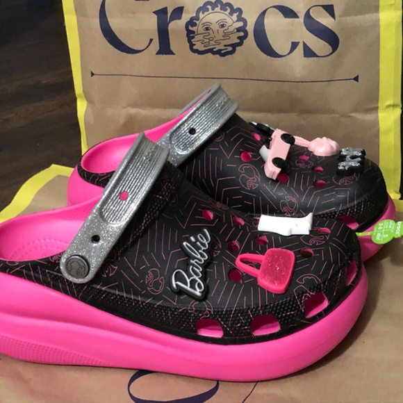 Barbie Crocs Black Pink Platform Size 9 Silver Glitter Strap New With Tags - Picture 3 of 7